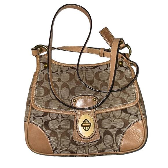 Coach Handbags - Coach Vintage Signature Monogram Turn lock Khaki Gold shoulder Crossbody Bag